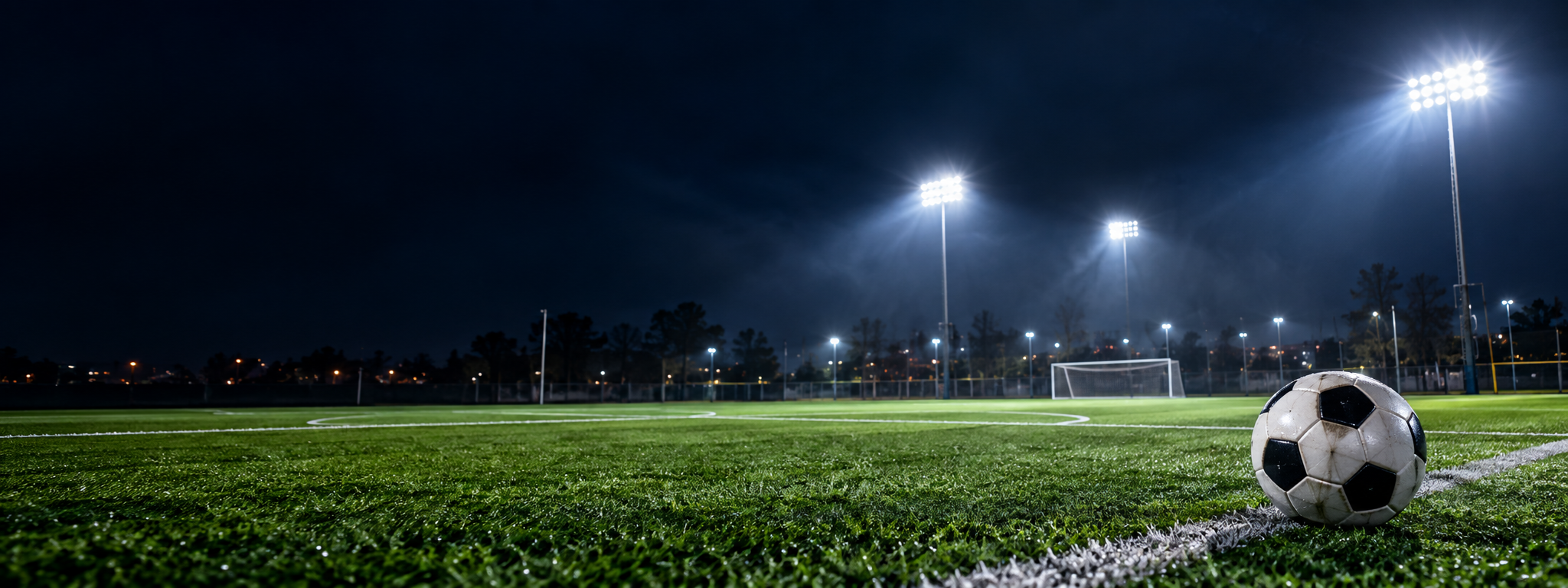 Cancha de fútbol iluminada durante la noche